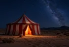 星空の下の砂漠に立つ赤と白の縞模様のサーカステント、入口から漏れる暖かい光