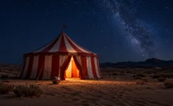 星空の下の砂漠に立つ赤と白の縞模様のサーカステント、入口から漏れる暖かい光
