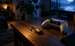 暗い部屋の机に置かれたゲーム機のコントローラーと、そばに置かれた小さな南京錠