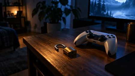 暗い部屋の机に置かれたゲーム機のコントローラーと、そばに置かれた小さな南京錠
