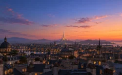 夕暮れの空の下に尖塔の光る城が見える丘の上の街並み