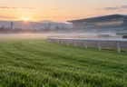 朝もやの競馬場の芝コースとゴール前の白い柵