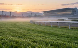 朝もやの競馬場の芝コースとゴール前の白い柵