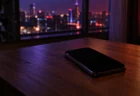 夜景の見える部屋の机に置かれた、画面の消えたスマートフォン