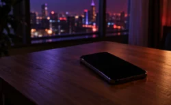 夜景の見える部屋の机に置かれた、画面の消えたスマートフォン