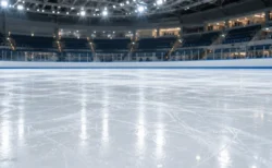 照明に照らされた無人の屋内スケートリンクの氷面