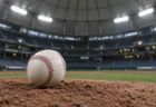 ドーム球場のマウンドに置かれた硬式野球ボールと照明に照らされた観客席