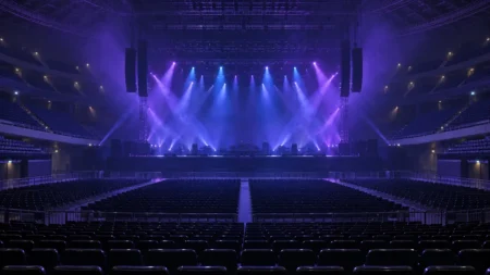 紫と青の照明に照らされた開演前のアリーナのステージと客席