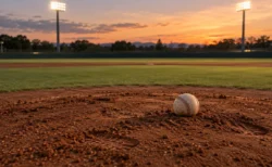 夕暮れの野球場のマウンドに置かれた白い硬式球とナイター照明