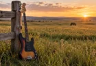 夕方の牧場の木の柵に立てかけられたエレキベース