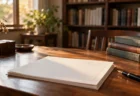 夕方の光が差し込む書斎の机に置かれた、白紙の原稿用紙と万年筆