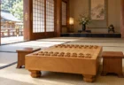 格式ある和室に置かれた将棋盤と駒台、障子越しの柔らかな光