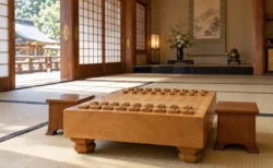 格式ある和室に置かれた将棋盤と駒台、障子越しの柔らかな光