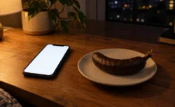 夜の部屋の机の上で光るスマートフォンとチョコレートがけのバナナ