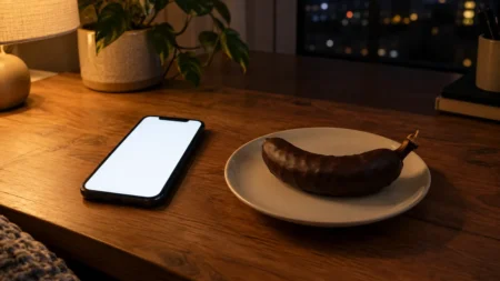 夜の部屋の机の上で光るスマートフォンとチョコレートがけのバナナ