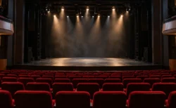 開演前の劇場、照明に照らされた無人の舞台と客席