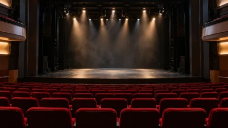 開演前の劇場、照明に照らされた無人の舞台と客席