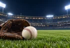 ナイター照明の野球場の外野芝生に置かれたグラブと硬式野球ボール