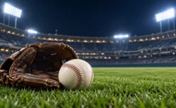 ナイター照明の野球場の外野芝生に置かれたグラブと硬式野球ボール