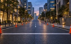 夕暮れの都心の坂道と、道路に引かれた白いライン