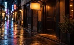 雨上がりの夜の繁華街の路地、閉じたバーの扉と暖色の看板灯、濡れた路面に映るネオンの光