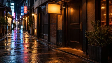 雨上がりの夜の繁華街の路地、閉じたバーの扉と暖色の看板灯、濡れた路面に映るネオンの光
