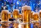 祝勝会のテーブルに並ぶ泡の立ったビールのグラス