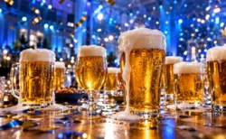 祝勝会のテーブルに並ぶ泡の立ったビールのグラス