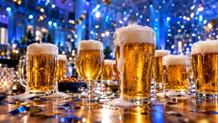 祝勝会のテーブルに並ぶ泡の立ったビールのグラス