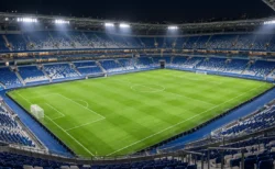 夜の照明に照らされた欧州の大型サッカースタジアムのピッチ
