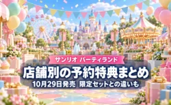風船とガーランドが飾られたパステルカラーの遊園地を背景に、サンリオ パーティランドの店舗別予約特典まとめと10月29日発売を伝える文字入りアイキャッチ