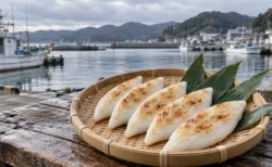 漁港を背景に、竹ざるに並んだ焼き目のついた笹かまぼこと笹の葉