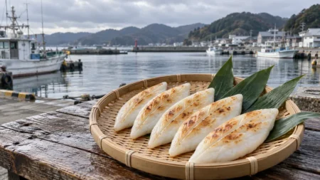 漁港を背景に、竹ざるに並んだ焼き目のついた笹かまぼこと笹の葉
