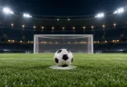 夜のサッカースタジアムのペナルティースポットに置かれたボール