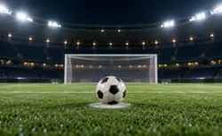 夜のサッカースタジアムのペナルティースポットに置かれたボール