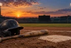 夕暮れの野球場のホームベースとバット