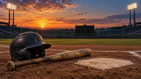 夕暮れの野球場のホームベースとバット