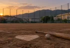 夕方の高校グラウンドのホームベース付近に置かれた木製バットと硬式ボール