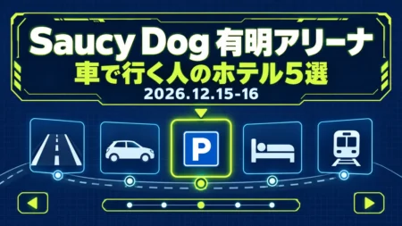 Saucy Dog 有明アリーナ 車で行く人のホテル5選 2026.12.15-16の文字と、ゲームのステージ選択画面風に並べた道路・車・駐車場・ベッド・電車のアイコン
