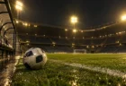 ナイター照明に照らされたサッカースタジアムのタッチライン付近のボールと芝生