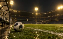ナイター照明に照らされたサッカースタジアムのタッチライン付近のボールと芝生