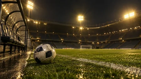 ナイター照明に照らされたサッカースタジアムのタッチライン付近のボールと芝生