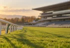 秋の西日が差す競馬場の芝コースとぼやけたスタンド