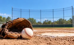 野球場のホームベース脇に置かれたミットと硬式野球ボール