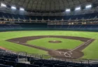 ドーム球場のスタンドから見下ろすグラウンドとマウンド