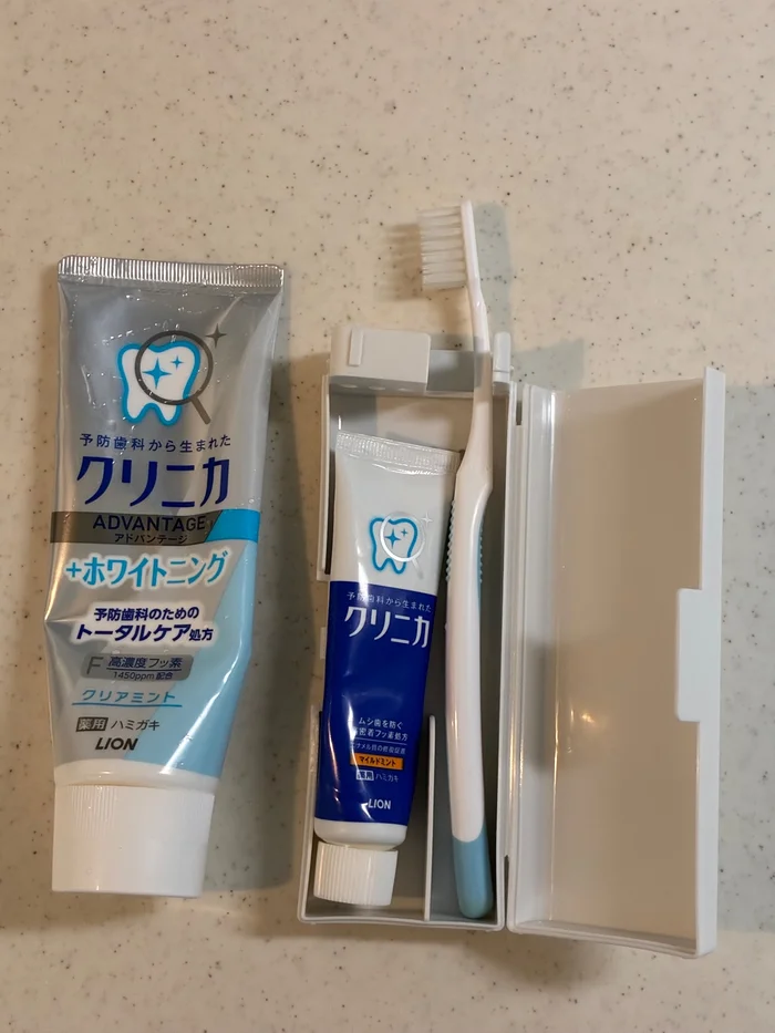 画像 通常サイズの歯磨き粉と、携帯用の歯磨き粉を入れた歯ブラシケースの比較