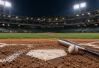 ナイター照明の球場で、ホームベースのそばに置かれた金属バットと硬式球