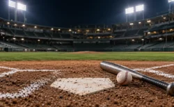 ナイター照明の球場で、ホームベースのそばに置かれた金属バットと硬式球