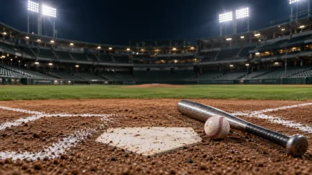 ナイター照明の球場で、ホームベースのそばに置かれた金属バットと硬式球