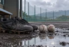 雨上がりの高校グラウンドのベンチ前に置かれた野球のスパイクと白い硬式球